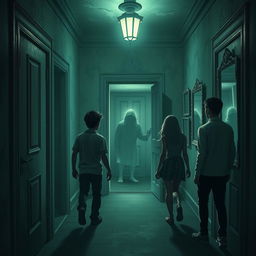 A mysterious scene where five friends, Lucas, Ana, Rafael, Clara, and Pedro, nerdy enthusiasts of games and RPGs, experience their first supernatural encounter in a dimly-lit corridor of a haunted mansion