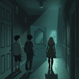 A mysterious scene where five friends, Lucas, Ana, Rafael, Clara, and Pedro, nerdy enthusiasts of games and RPGs, experience their first supernatural encounter in a dimly-lit corridor of a haunted mansion