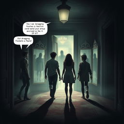 A suspenseful scene featuring five friends, Lucas, Ana, Rafael, Clara, and Pedro, walking through dimly lit corridors of a haunted mansion