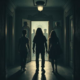 A suspenseful scene featuring five friends, Lucas, Ana, Rafael, Clara, and Pedro, walking through dimly lit corridors of a haunted mansion