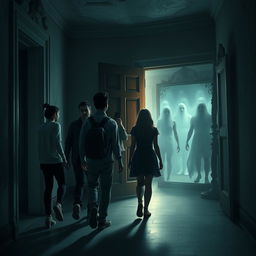 A suspenseful scene featuring five friends, Lucas, Ana, Rafael, Clara, and Pedro, walking through dimly lit corridors of a haunted mansion