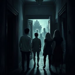 A suspenseful scene featuring five friends, Lucas, Ana, Rafael, Clara, and Pedro, walking through dimly lit corridors of a haunted mansion