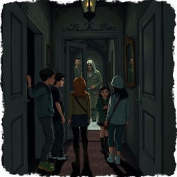 A thrilling supernatural scene depicting Lucas, Ana, Rafael, Clara, and Pedro, friends exploring the dark, eerie corridors of a haunted mansion