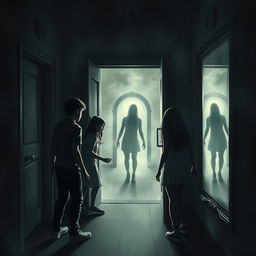 A thrilling supernatural scene depicting Lucas, Ana, Rafael, Clara, and Pedro, friends exploring the dark, eerie corridors of a haunted mansion