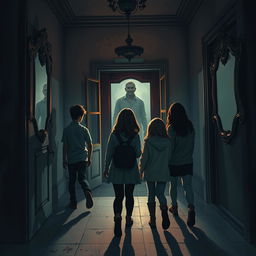 A thrilling supernatural scene depicting Lucas, Ana, Rafael, Clara, and Pedro, friends exploring the dark, eerie corridors of a haunted mansion