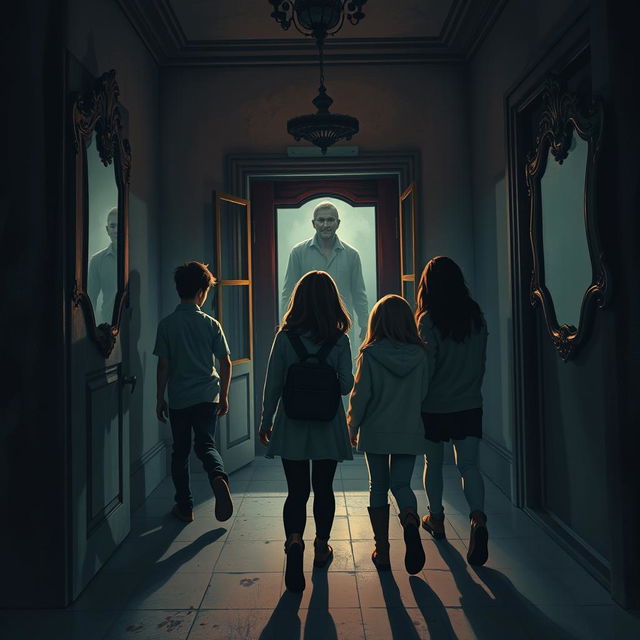 A thrilling supernatural scene depicting Lucas, Ana, Rafael, Clara, and Pedro, friends exploring the dark, eerie corridors of a haunted mansion