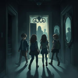 A thrilling supernatural scene depicting Lucas, Ana, Rafael, Clara, and Pedro, friends exploring the dark, eerie corridors of a haunted mansion