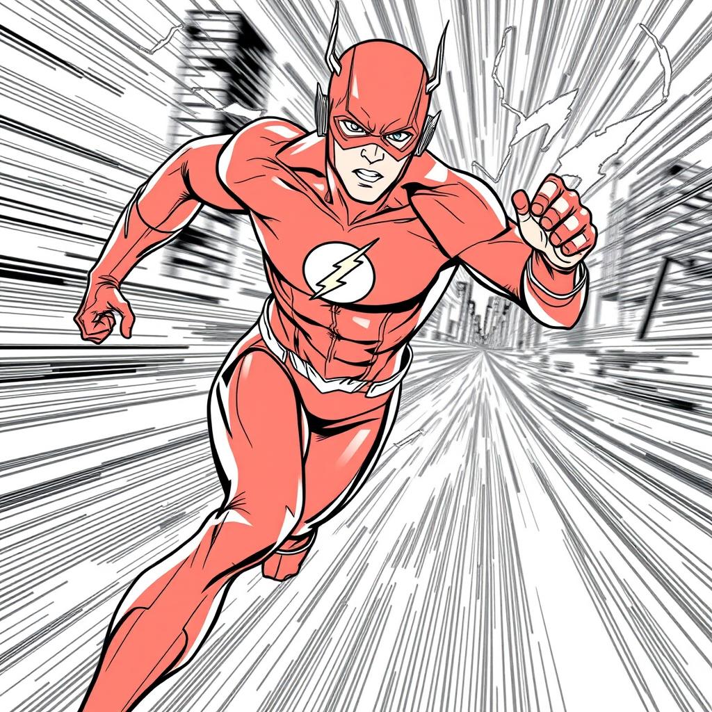 Intricate line-art page featuring The Flash in a dynamic running pose