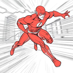 Intricate line-art page featuring The Flash in a dynamic running pose