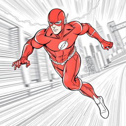 Intricate line-art page featuring The Flash in a dynamic running pose