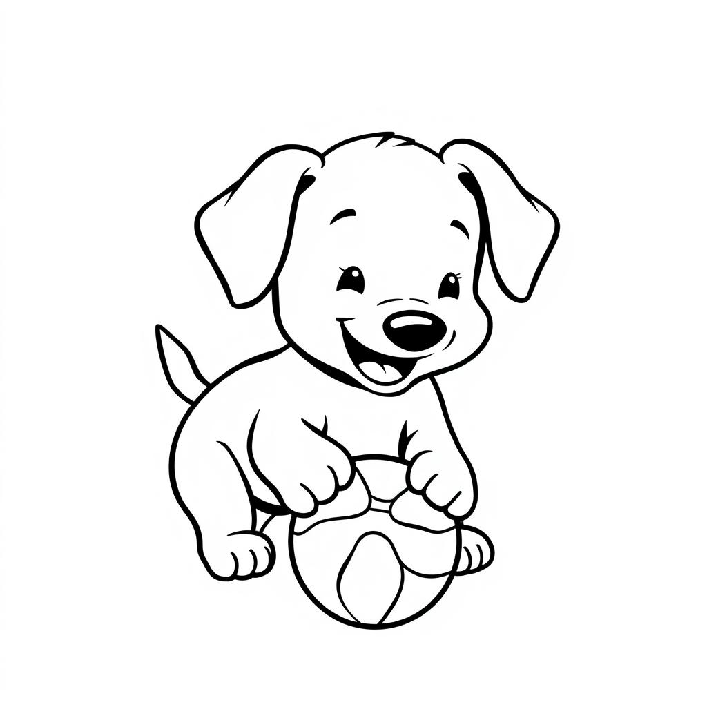 A charming black and white drawing of a playful puppy engaging with a ball