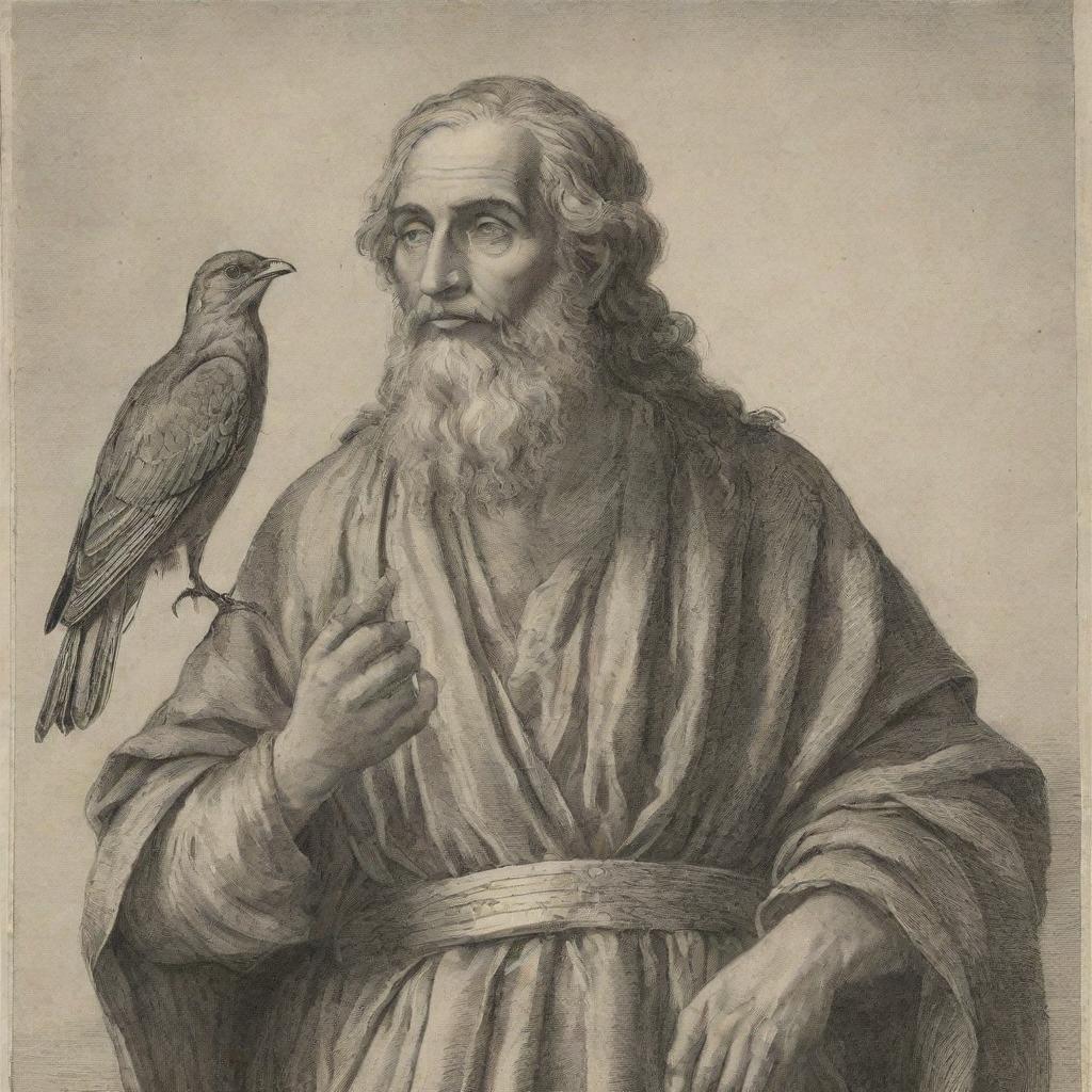 Illustration of the Prophet Solomon, dignified and serene, gazing to the right, with a bird gently perched on his right hand