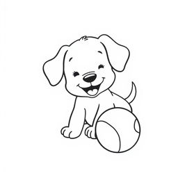 A charming black and white drawing of a playful puppy engaging with a ball