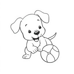 A charming black and white drawing of a playful puppy engaging with a ball