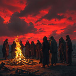 A dramatic and intense scene depicting an apocalyptic sect gathering under a crimson-hued sky