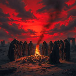 A dramatic and intense scene depicting an apocalyptic sect gathering under a crimson-hued sky