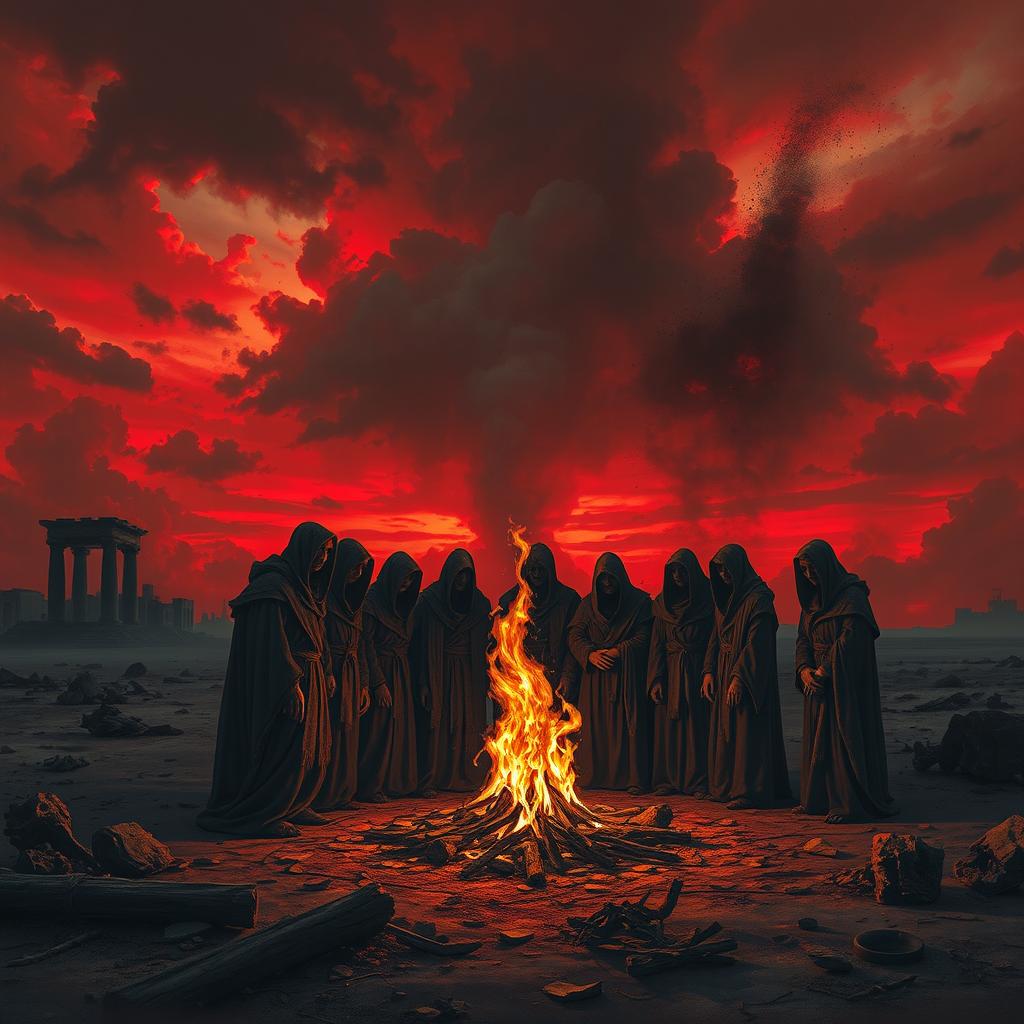 A dramatic and intense scene depicting an apocalyptic sect gathering under a crimson-hued sky