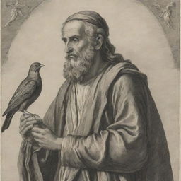 Illustration of the Prophet Solomon, dignified and serene, gazing to the right, with a bird gently perched on his right hand