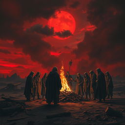 A dramatic and intense scene depicting an apocalyptic sect gathering under a crimson-hued sky