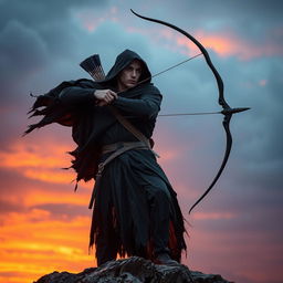 A mysterious archer wearing a tattered black cape, standing majestically on a rocky cliff