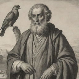 Illustration of the Prophet Solomon, dignified and serene, gazing to the right, with a bird gently perched on his right hand