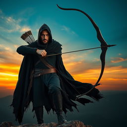 A mysterious archer wearing a tattered black cape, standing majestically on a rocky cliff