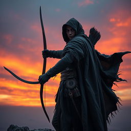 A mysterious archer wearing a tattered black cape, standing majestically on a rocky cliff