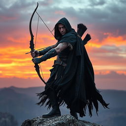 A mysterious archer wearing a tattered black cape, standing majestically on a rocky cliff