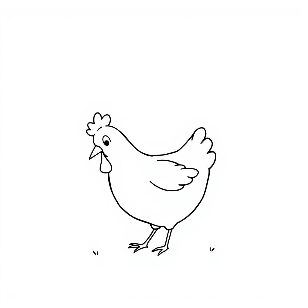 A simple black and white drawing of a cheerful chicken pecking around, set against a plain white background