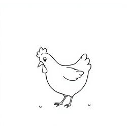 A simple black and white drawing of a cheerful chicken pecking around, set against a plain white background