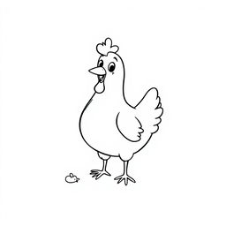 A simple black and white drawing of a cheerful chicken pecking around, set against a plain white background