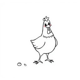 A simple black and white drawing of a cheerful chicken pecking around, set against a plain white background