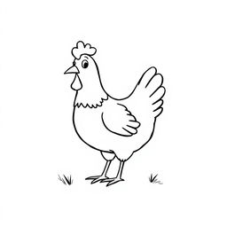 A simple black and white drawing of a cheerful chicken pecking around, set against a plain white background