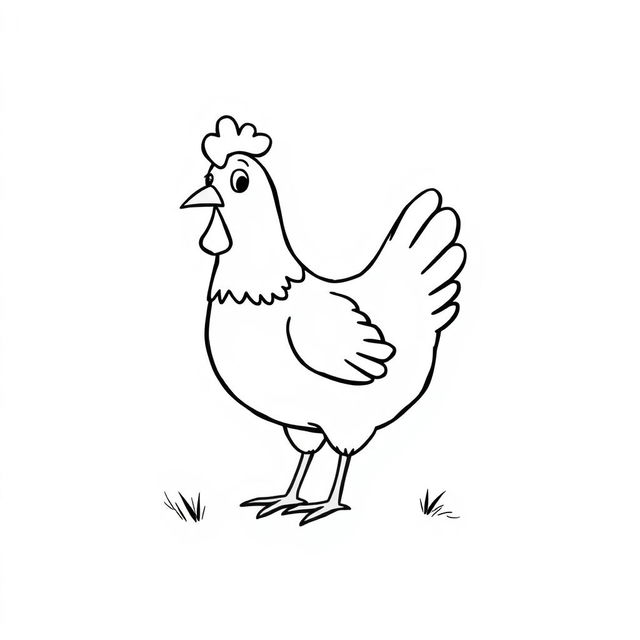 A simple black and white drawing of a cheerful chicken pecking around, set against a plain white background