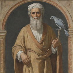 Illustration of the Prophet Solomon, dignified and serene, gazing to the right, with a bird gently perched on his right hand