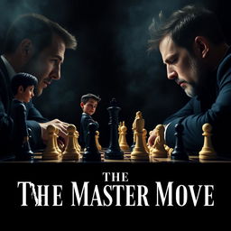 A cinematic promotional poster for the film "The Master Move" featuring an intense scene with two men playing chess against a clear black background