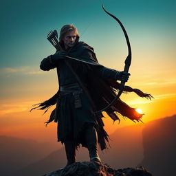 A mysterious archer wearing a tattered black cape with a bow slung across their back and a throwing axe in the belt, standing majestically on a rocky cliff