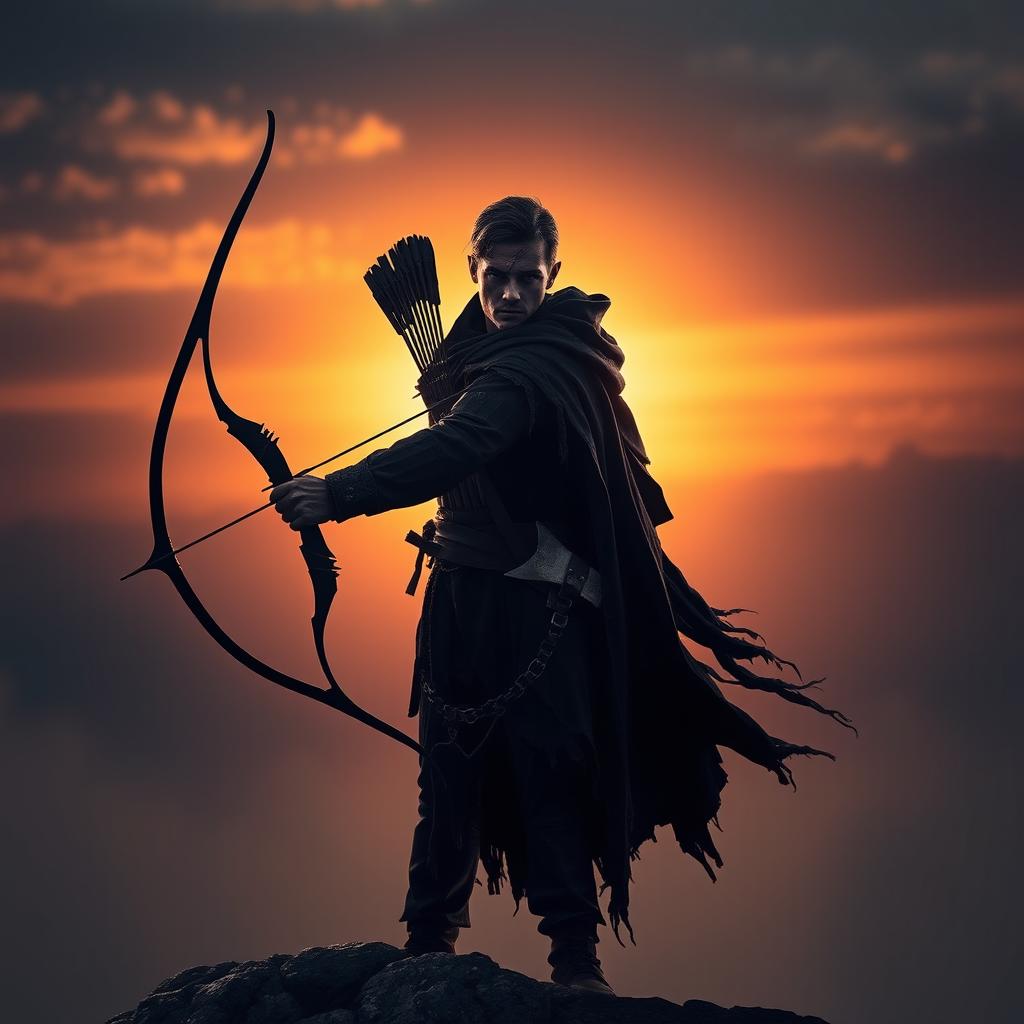 A mysterious archer wearing a tattered black cape with a bow slung across their back and a throwing axe in the belt, standing majestically on a rocky cliff