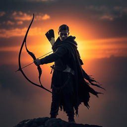 A mysterious archer wearing a tattered black cape with a bow slung across their back and a throwing axe in the belt, standing majestically on a rocky cliff