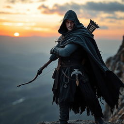 A mysterious archer wearing a tattered black cape with a bow slung across their back and a throwing axe in the belt, standing majestically on a rocky cliff