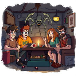 A group of five nerdy friends, Lucas, Ana, Rafael, Clara, and Pedro, all fans of games, RPGs, and geek culture, find themselves drawn into a supernatural adventure during a game night in Lucas's basement