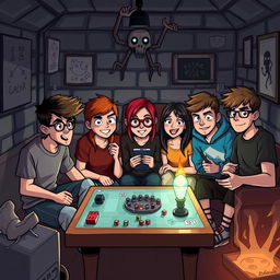 A group of five nerdy friends, Lucas, Ana, Rafael, Clara, and Pedro, all fans of games, RPGs, and geek culture, find themselves drawn into a supernatural adventure during a game night in Lucas's basement