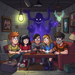 A group of five nerdy friends, Lucas, Ana, Rafael, Clara, and Pedro, all fans of games, RPGs, and geek culture, find themselves drawn into a supernatural adventure during a game night in Lucas's basement