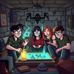 A group of five nerdy friends, Lucas, Ana, Rafael, Clara, and Pedro, all fans of games, RPGs, and geek culture, find themselves drawn into a supernatural adventure during a game night in Lucas's basement