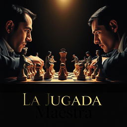 A cinematic promotional poster for the film "La Jugada Maestra" featuring an intense scene with two men playing chess against a clear black background