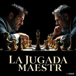 A cinematic promotional poster for the film "La Jugada Maestra" featuring an intense scene with two men playing chess against a clear black background