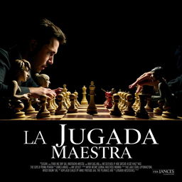 A cinematic promotional poster for the film "La Jugada Maestra" featuring an intense scene with two men playing chess against a clear black background