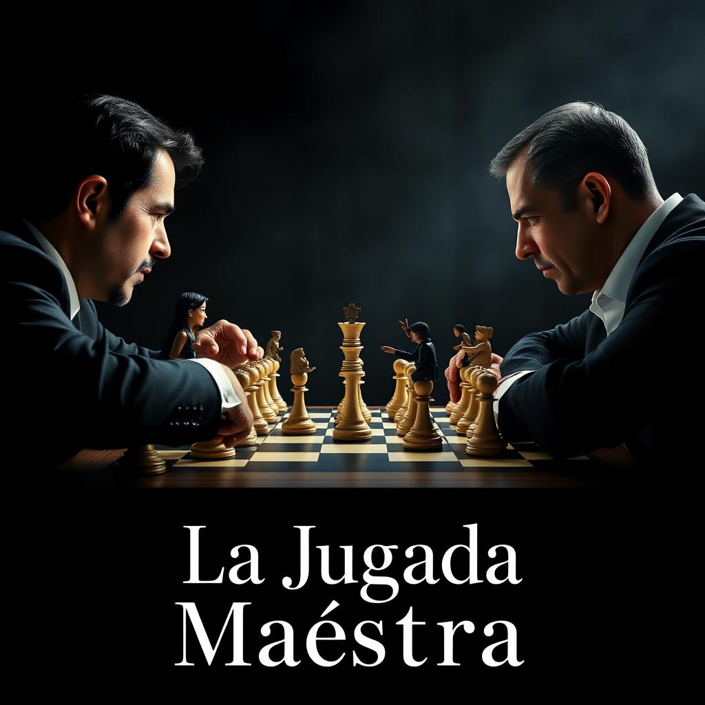 A cinematic promotional poster for the film "La Jugada Maestra" featuring an intense scene with two men playing chess against a clear black background