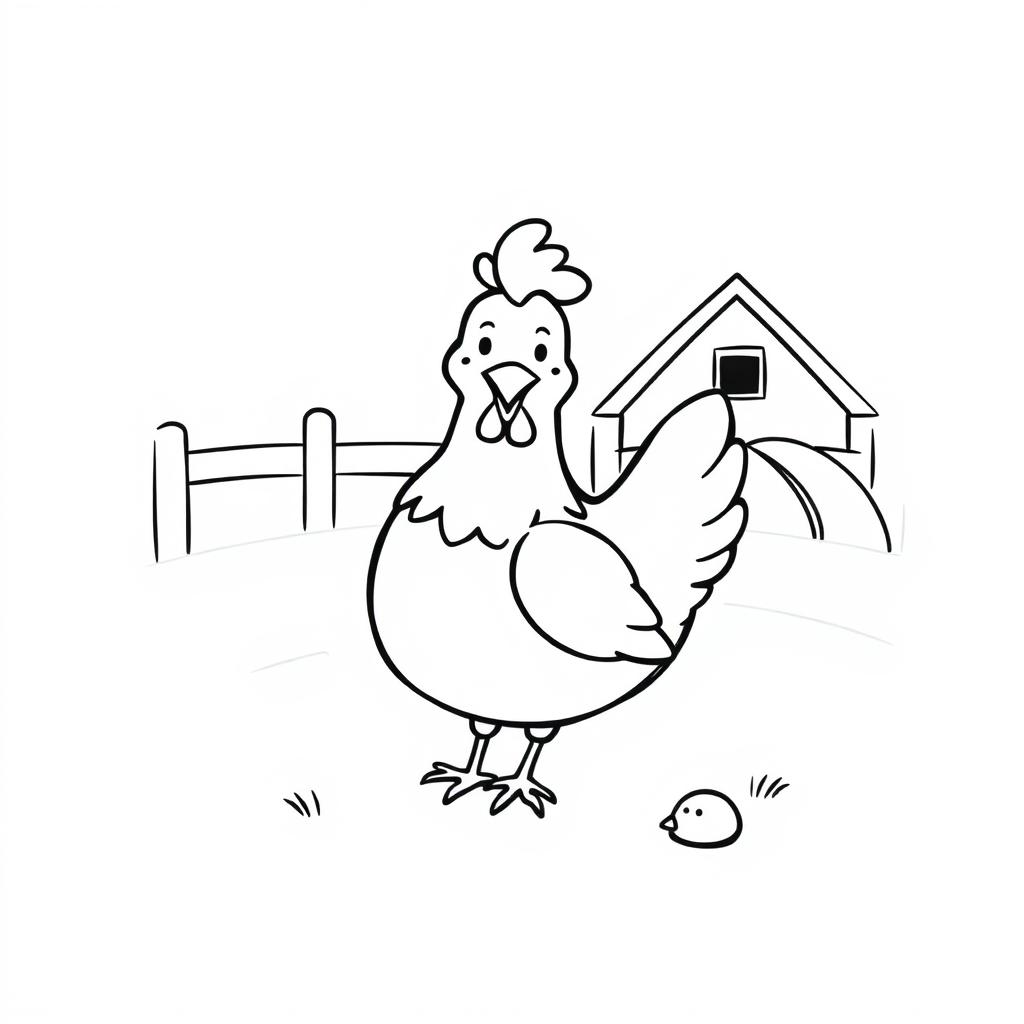 A simple black and white drawing of a cheerful chicken pecking on a farm