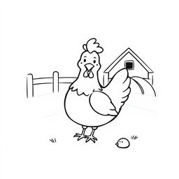 A simple black and white drawing of a cheerful chicken pecking on a farm